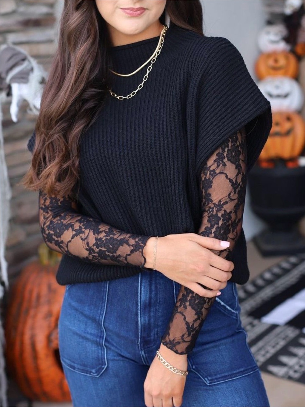 Lace layering black top